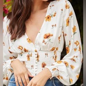 Forever 21 Long-sleeve Floral Corset Waist Crop Top